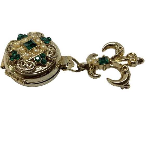 Vintage CORO Pat Pend Estate Triple Locket Brooch Fleur de Lis Rhinestone Pearl - Picture 14 of 14